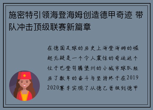 施密特引领海登海姆创造德甲奇迹 带队冲击顶级联赛新篇章 施密特引领海登海姆创造德甲奇迹 带队冲击顶级联赛新篇章