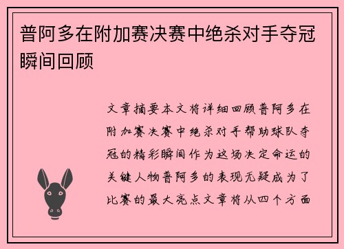 普阿多在附加赛决赛中绝杀对手夺冠瞬间回顾